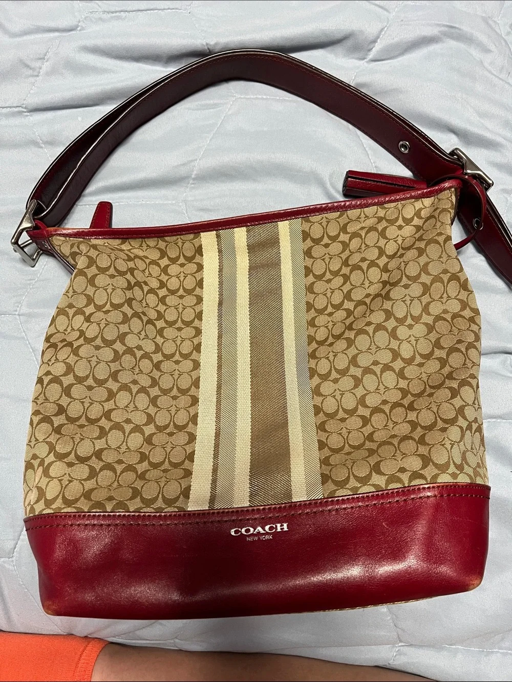 Coach Brown Signature Canvas Hobo with Red Leather Trim Large Legacy bag